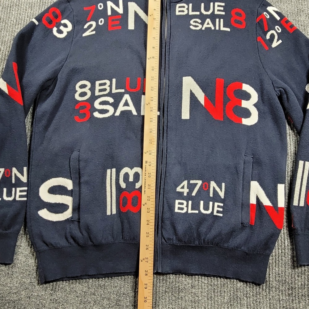 VTG Nautica Blue Sail Sweater Men's Navy Blue Full Zip Graphic Intarsia Knit XL - Picture 3 of 12